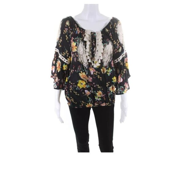 Vanita Rosa Womens Floral Lace Tie Neck Blouse Black Ivory Size Small - Picture 1 of 12